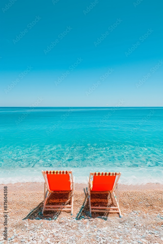 Two red beach chairs are positioned on a pebbly shore facing the clear, inviting ocean waves, symbolizing a peaceful retreat and escape into nature's beauty and tranquility. Two red beach chairs are positioned on a pebbly shore facing the clear, inviting ocean waves, symbolizing a peaceful retreat and escape into nature's beauty and tranquility.