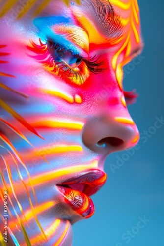 An artistic image showcasing a person's neck adorned with elegant earrings, set against a vibrant and colorful background, emphasizing creativity and modern aesthetics.