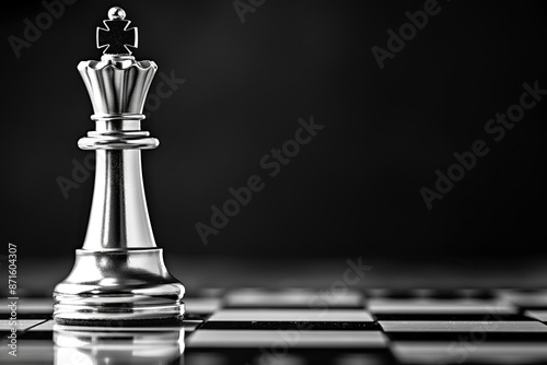 Close-up of a silver king chess piece on a chessboard against a dark background.