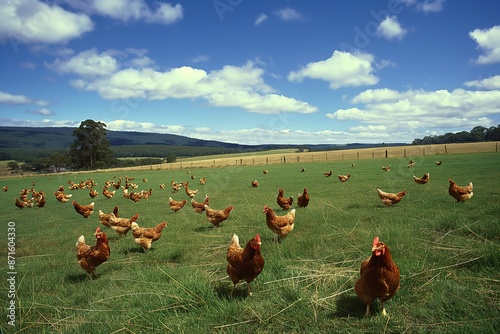 Free-range chickens roaming on a sunny day in a wide green field. © Irina B