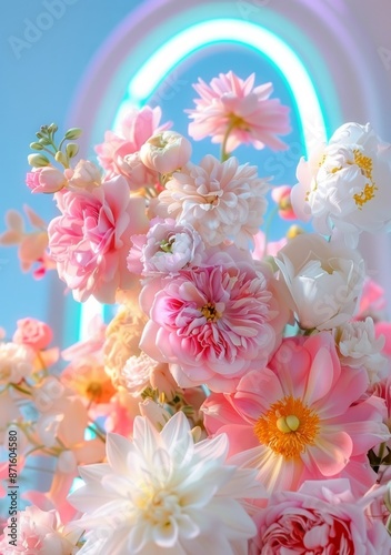 A stunning bouquet of pink and white flowers arranged beautifully contrasting against a radiant neon-lit background, capturing a dreamy and vibrant scene perfect for any floral enthusiast. photo