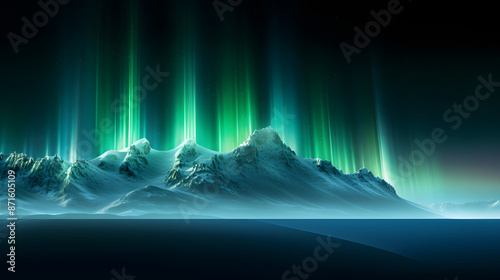 Aurora lights running past a snowy mountain, fresh, cold, minty, northern lights, magical nature concept