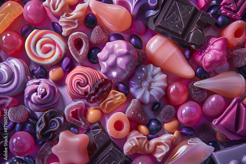 colorful assortment of candies, including hard and soft candy pieces, gummies, internal lollipops, chocolate, all arranged in an aesthetically pleasing pattern. photo