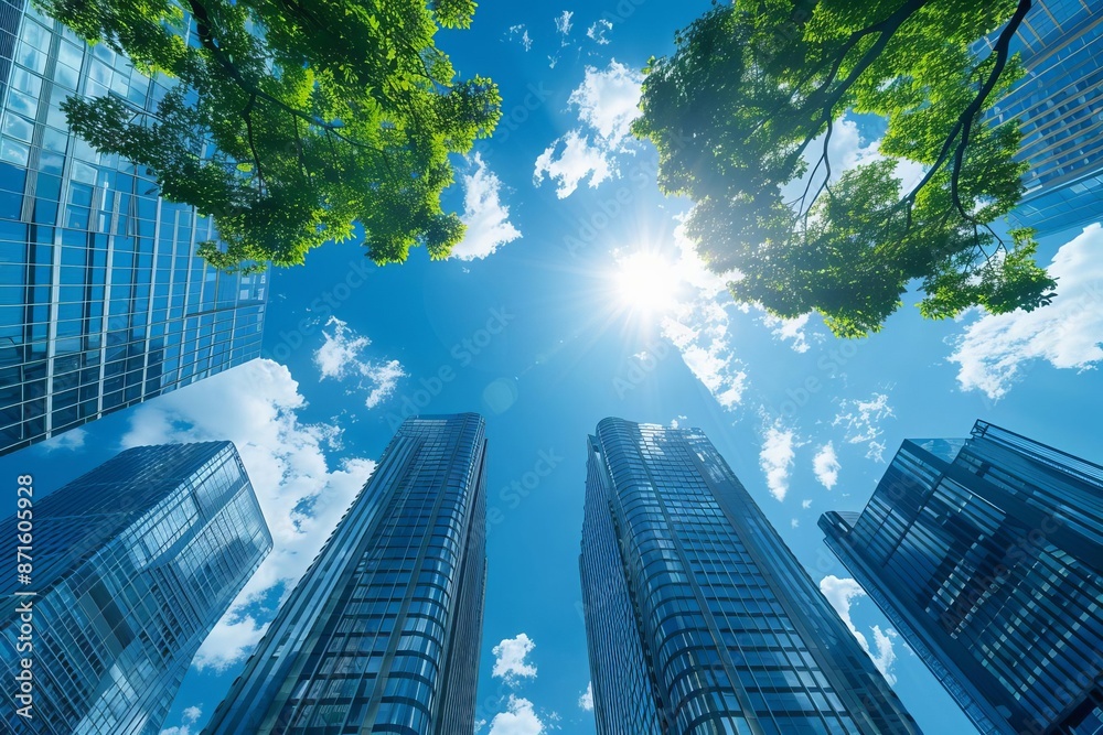 Low-angle view of skyscrapers and trees under a bright, sunny sky with clouds, showcasing urban architecture and a green environment. Low-angle view of skyscrapers and trees under a bright, sunny sky with clouds, showcasing urban architecture and a green environment.