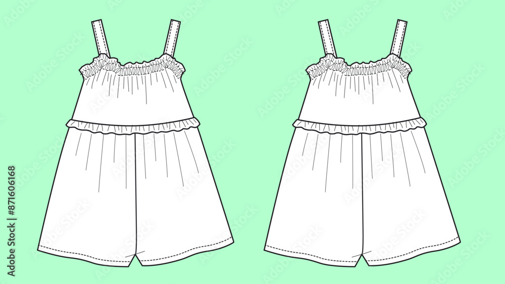 Girls dungarees fashion flat sketch vector. Girls dungarees fashion flat sketch vector.