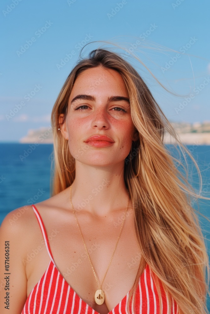 A young woman with flowing blond hair wears a red top and a necklace. She stands against a beach background, exuding a relaxed and confident vibe while enjoying the clear, sunny day. A young woman with flowing blond hair wears a red top and a necklace. She stands against a beach background, exuding a relaxed and confident vibe while enjoying the clear, sunny day.