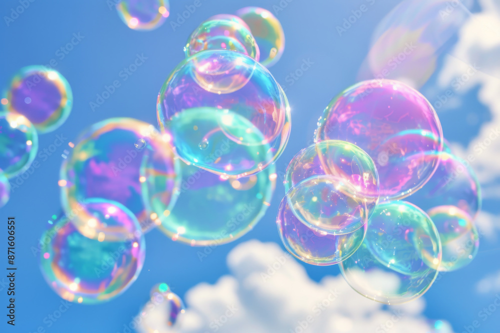 Naklejka premium Bubbles Floating in a Blue Sky