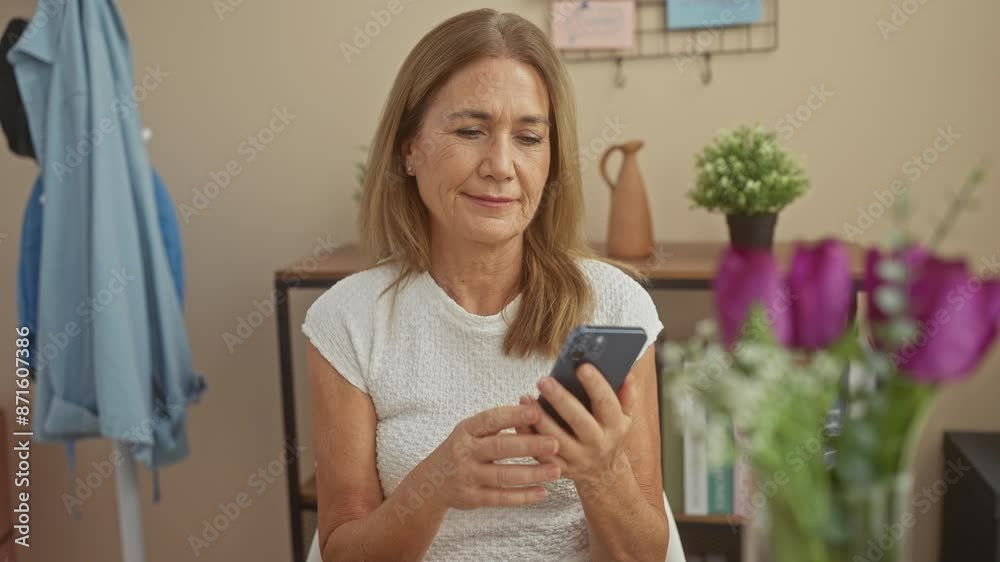 Mature woman using smartphone at home, smiling in a comfortable living room setting with flowers and decor Mature woman using smartphone at home, smiling in a comfortable living room setting with flowers and decor