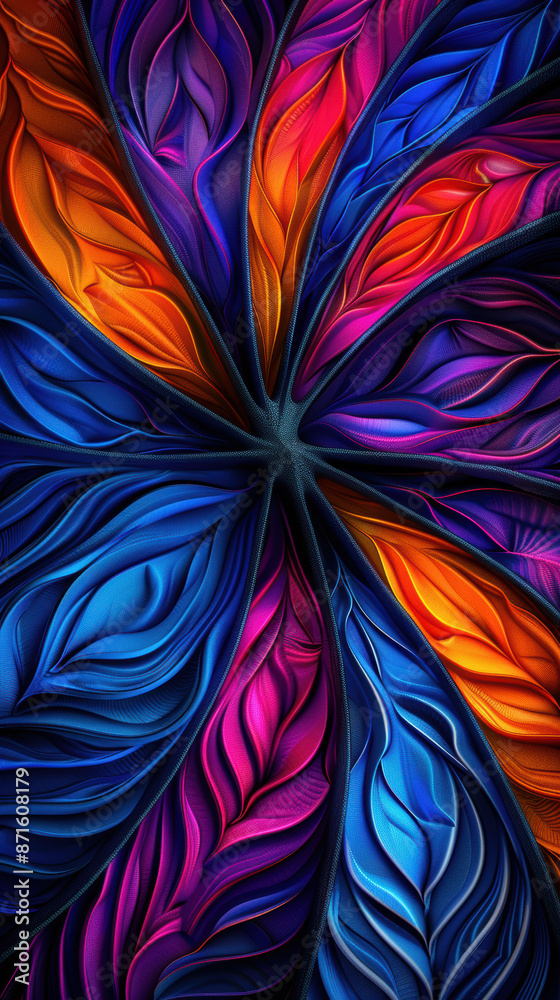 A colorful, abstract painting of a flower with blue, orange, and purple colors A colorful, abstract painting of a flower with blue, orange, and purple colors