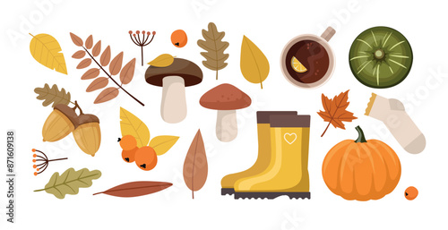 Collection of autumn items, with leaves, foliage, berries, pumpkins, socks and tea cup.