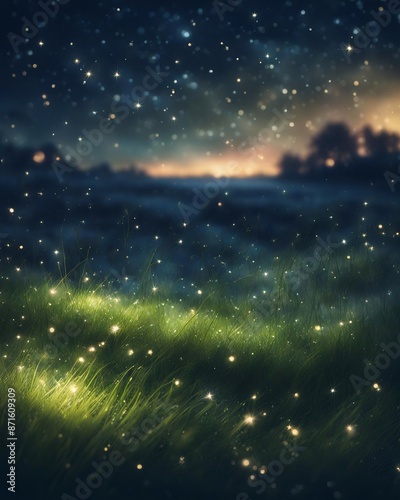 Magical night scene with glowing fireflies over a grassy field with a blurred background and bokeh lights, creating a dreamy atmosphere, Generative AI.