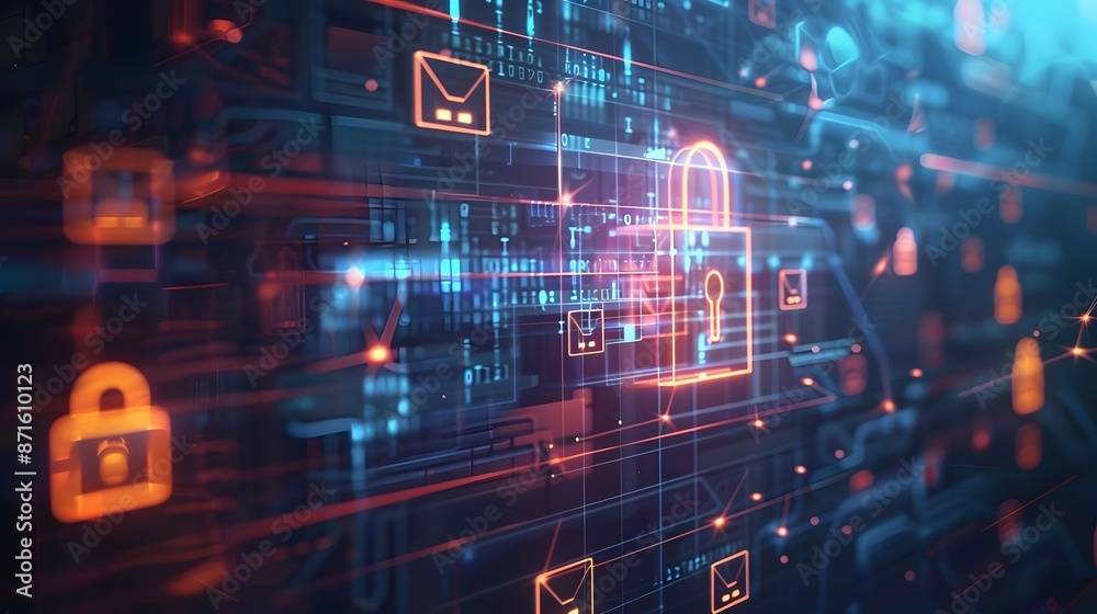 Fototapeta premium a padlock floating amid technological symbols, email folders, doc files, programming codes