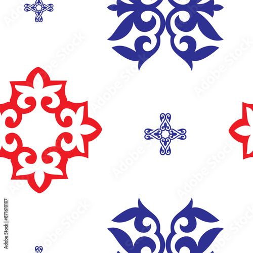 Decorative Asian Folk Blue, red pattern on a white background. Seamless Pattern. Ornament: Kyrgyz, Kazakh, Bashkir, Tatar, Yakut, Mongol. Ethnic Vector Illustration for Paper Products, Textiles. 