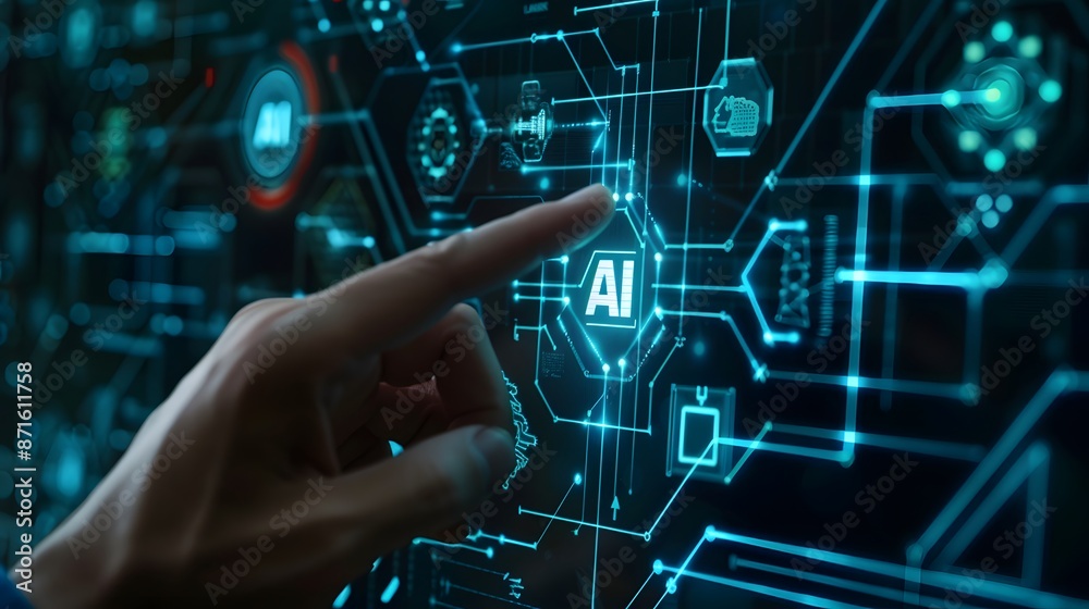 A hand touching an AI icon of digital security on the screen, symbolizing modern technology and data protection in business A hand touching an AI icon of digital security on the screen, symbolizing modern technology and data protection in business