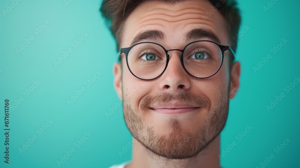 A man with glasses is smiling and looking at the camera. Concept of warmth and friendliness A man with glasses is smiling and looking at the camera. Concept of warmth and friendliness