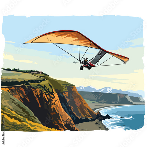 Hang glider soaring above rugged cliffs along