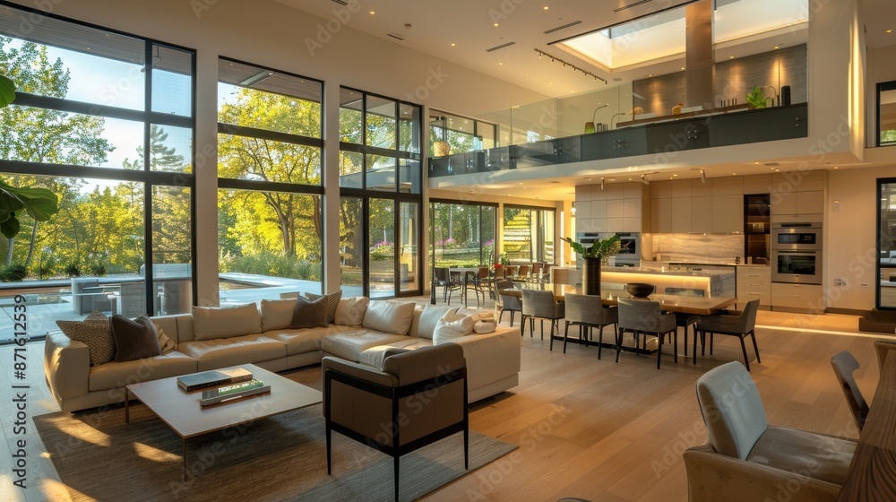 An open floor plan living and dining area with large windows, modern ...