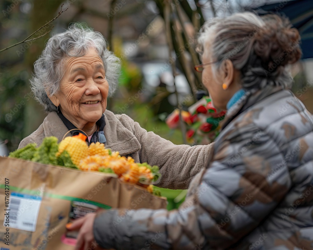 Elderly woman receiving help with groceries Elderly woman receiving help with groceries