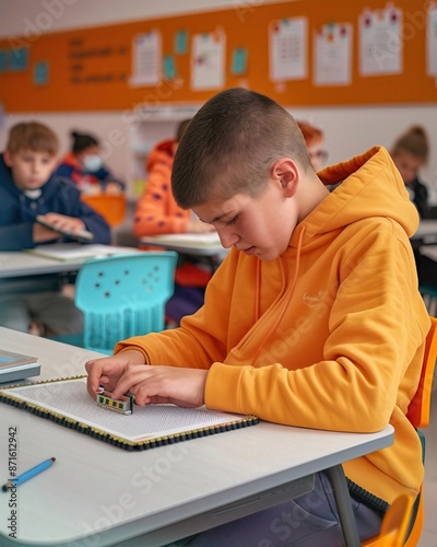 Student reading Braille in a modern classroom, International Literacy Day, highlighting inclusive education for visually impaired