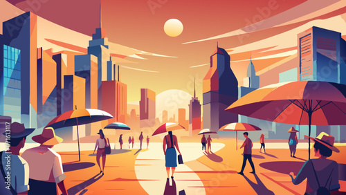 Vibrant Sunset Cityscape with People and Skyscrapers