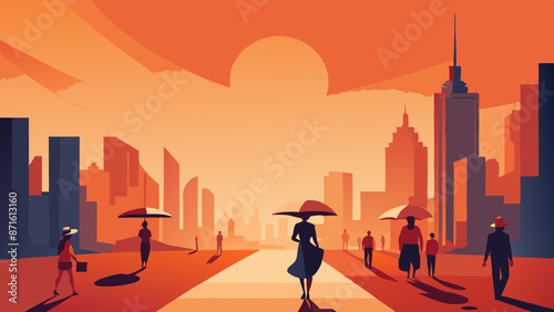 Urban Sunset Silhouettes: Pedestrians in Cityscape at Dusk