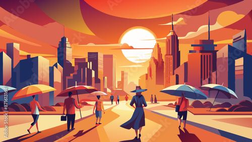 Vibrant Urban Sunset: Silhouetted City Walkers and Warm Hues