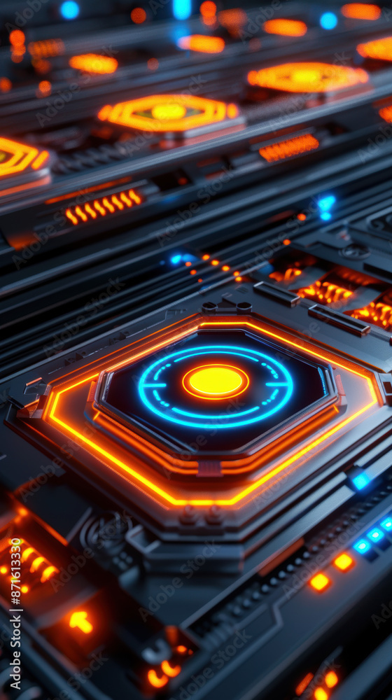 A close up of a computer chip with a blue and orange circle in the middle A close up of a computer chip with a blue and orange circle in the middle