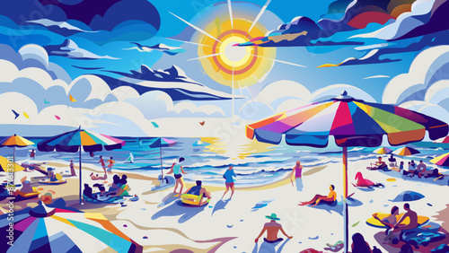 Vibrant Beach Day Scene with Colorful Umbrellas and Happy Vacationers