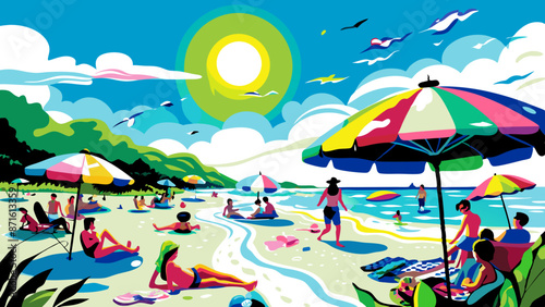 Vibrant Beach Day with Colorful Umbrellas and Happy Vacationers