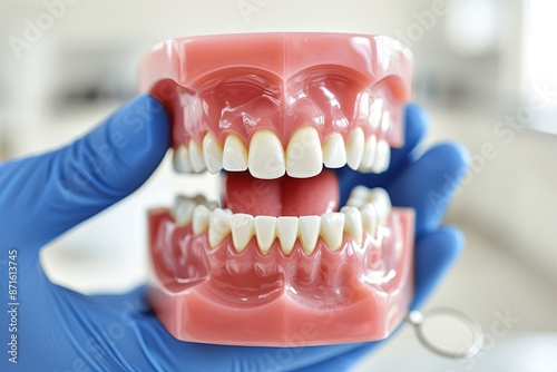 Wallpaper Mural A prosthodontist wearing blue gloves holds a dental model. Gum. Dental technician. Jaw. Dental clinic. Surgeon. Dentist holding a cast model from the teeth. Restorative clinician. Orthopedist Torontodigital.ca