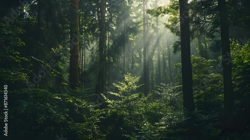 Lush Green Forest with Sunlight Filtering Through Tall Trees 