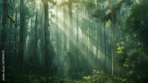 Lush Green Forest with Sunlight Filtering Through Tall Trees 