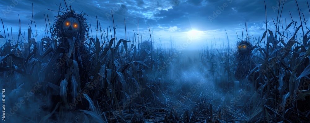 Fototapeta premium Eerie Night in the Sinister Corn Maze: Scarecrows, Glowing Eyes, and Moonlit Shadows