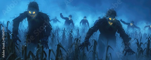 Moonlit Menace: Sinister Corn Maze with Glowing Scarecrows and Creeping Fog photo