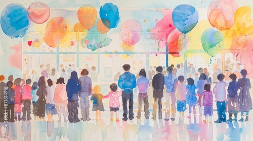 A happy family day event at school, watercolor, soft pastels, lifelike