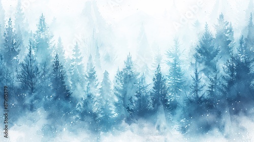 Enchanted Evergreens: Hand-Drawn Watercolor Coniferous Forest Illustration photo