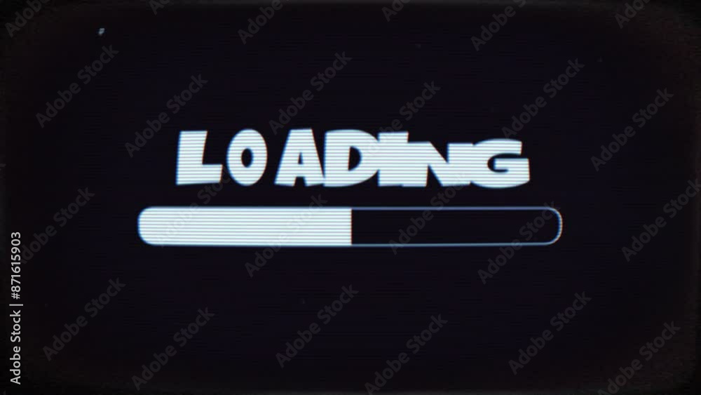 Loading text message with progress bar on television screen with glitches, static and flickering effects Loading text message with progress bar on television screen with glitches, static and flickering effects