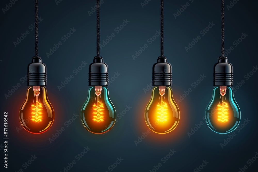 Three hanging light bulbs with a warm glow symbolizing innovation ideas and inspiration in a minimalist modern design Three hanging light bulbs with a warm glow symbolizing innovation ideas and inspiration in a minimalist modern design