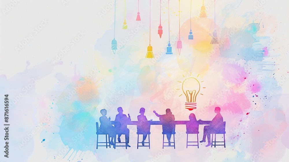 A leader and team members sharing ideas during a meeting, watercolor, bright, realistic A leader and team members sharing ideas during a meeting, watercolor, bright, realistic