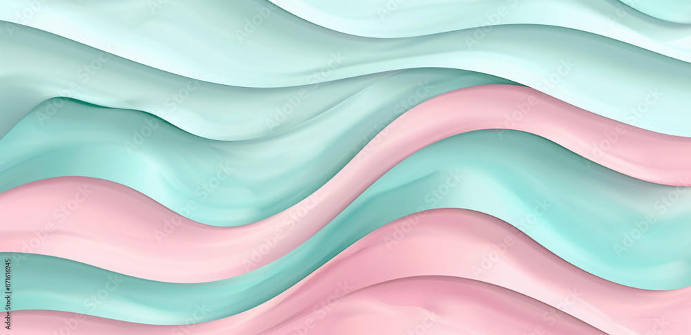 Abstract background with pastel pink and mint colors, paper cut style. The composition is made of three-dimensional shapes in the shape of waves, creating an atmosphere of lightness and freshness. The Abstract background with pastel pink and mint colors, paper cut style. The composition is made of three-dimensional shapes in the shape of waves, creating an atmosphere of lightness and freshness. The