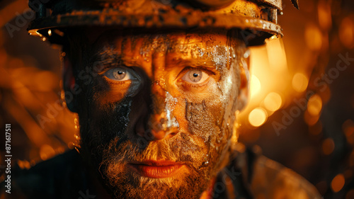 Middle-aged man with helmet and muddy face, intense look.