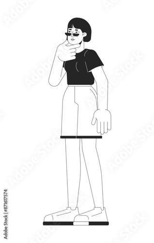 Korean female stroking chin black and white 2D line cartoon character. Pensive young adult woman isolated vector outline person. Thoughtful. Thinking pondering monochromatic flat spot illustration