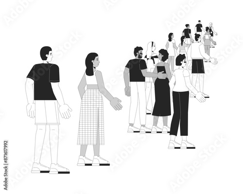 Multicultural people walking strolling black and white 2D line cartoon characters. Diverse tourists group isolated vector outline people. Sightseeing travelers monochromatic flat spot illustration