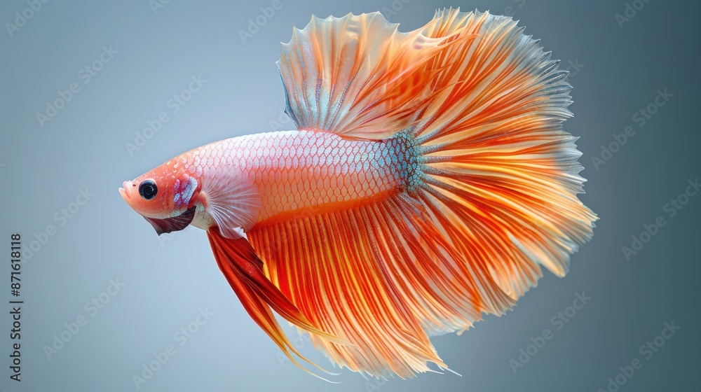 Vibrant orange and white Siamese Fighting Fish (Betta Fish) with flowing fins. Concept of exotic pets, aquatic life, and vibrant colors Vibrant orange and white Siamese Fighting Fish (Betta Fish) with flowing fins. Concept of exotic pets, aquatic life, and vibrant colors