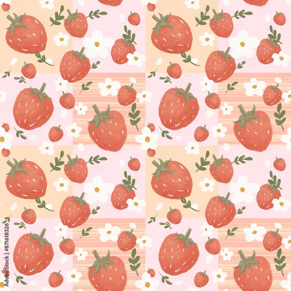 seamless pattern with strawberries watercolor hand painting on pastel geometric and striped background. Perfect design for fabric, clothing, decoration, element, texture, textile, embroidery, ornate