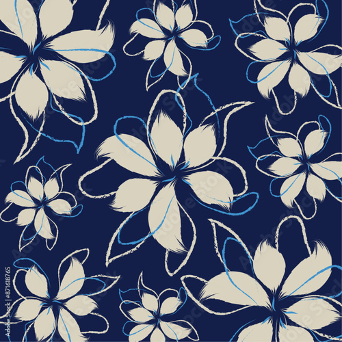 The modern blue of floral textile tropical bicolor grey and blue flower and leaves miniprint flowers geometric textile for clothes. A Seamless hand drawing pattern.