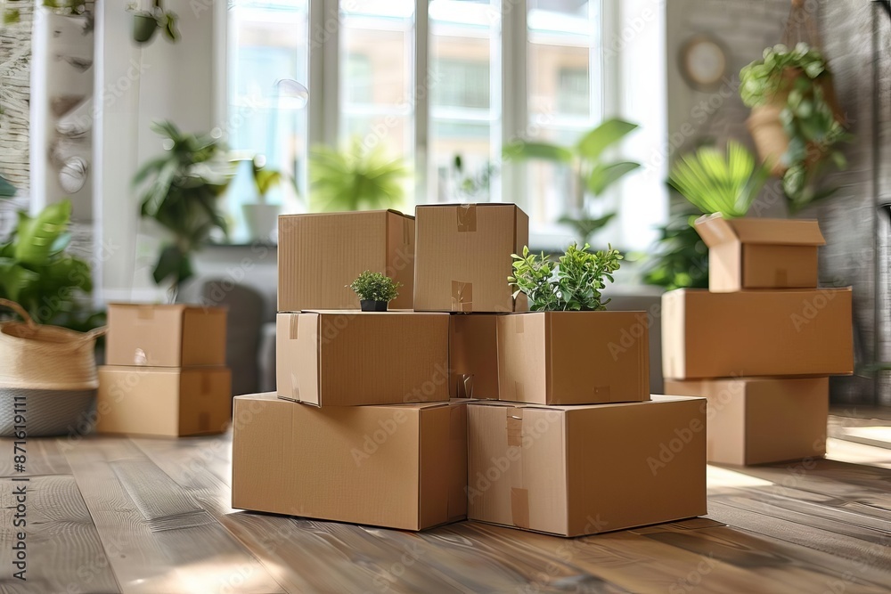 Stacked moving boxes in a bright, green plant-filled room, symbolizing relocation, new beginnings, and organized storage. Stacked moving boxes in a bright, green plant-filled room, symbolizing relocation, new beginnings, and organized storage.