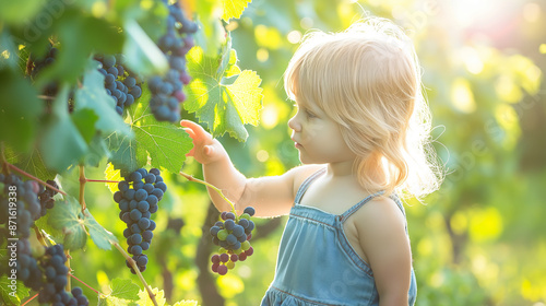 Blonde little girl exploring vineyard near lush vines and ripe grapes. photo