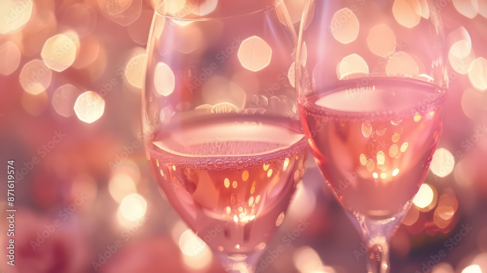 pink champagne glass closeup, bokeh lights background