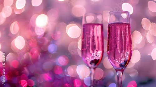 pink champagne glass closeup, bokeh lights background